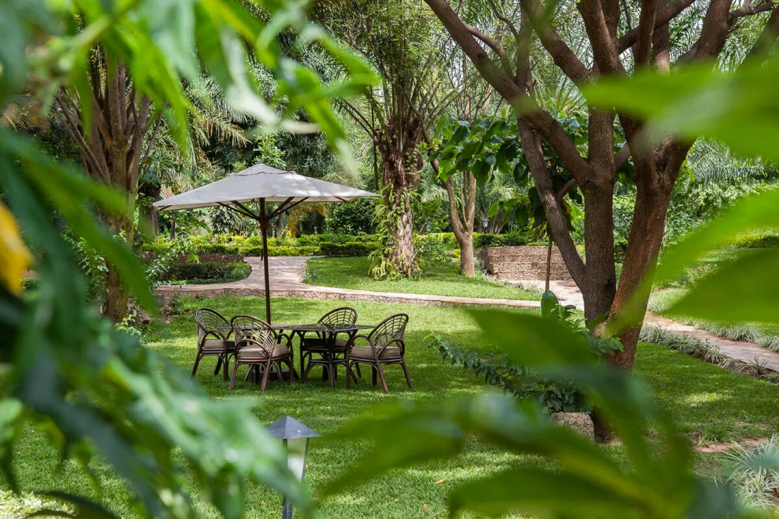 Shaded garden seating with a cream parasol and rattan chairs on the lawn